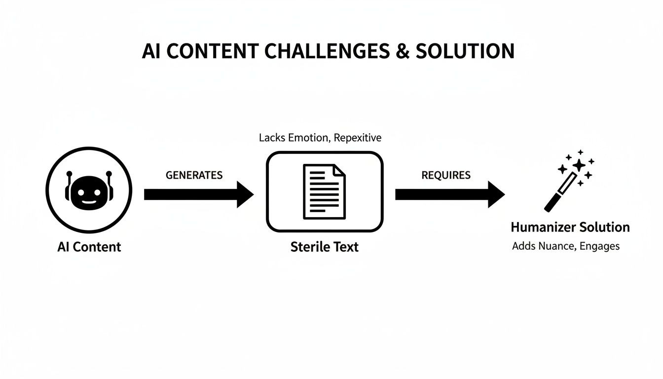 Diagram showing AI content generating sterile, repetitive text, requiring a humanizer solution for nuance and engagement.