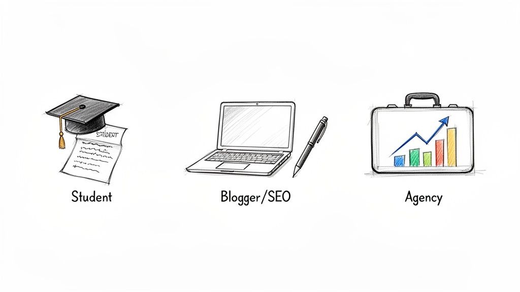 Sketches illustrating different user types: a student, a blogger/SEO with a laptop, and an agency with a briefcase.