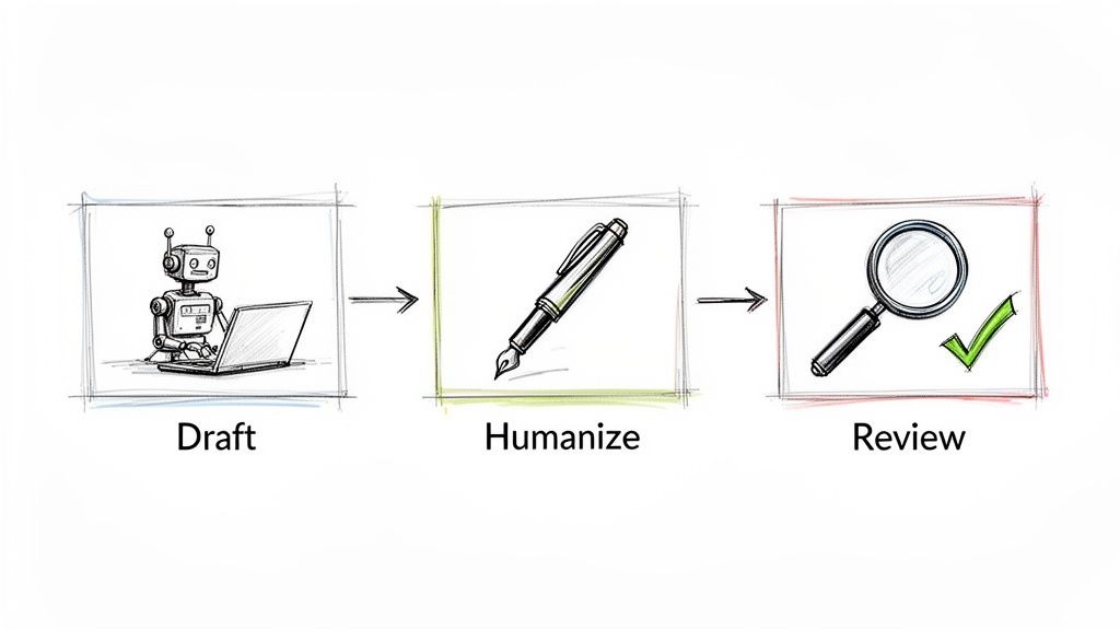 A diagram illustrates a three-step content creation workflow: AI drafting, humanizing with a pen, and final review.